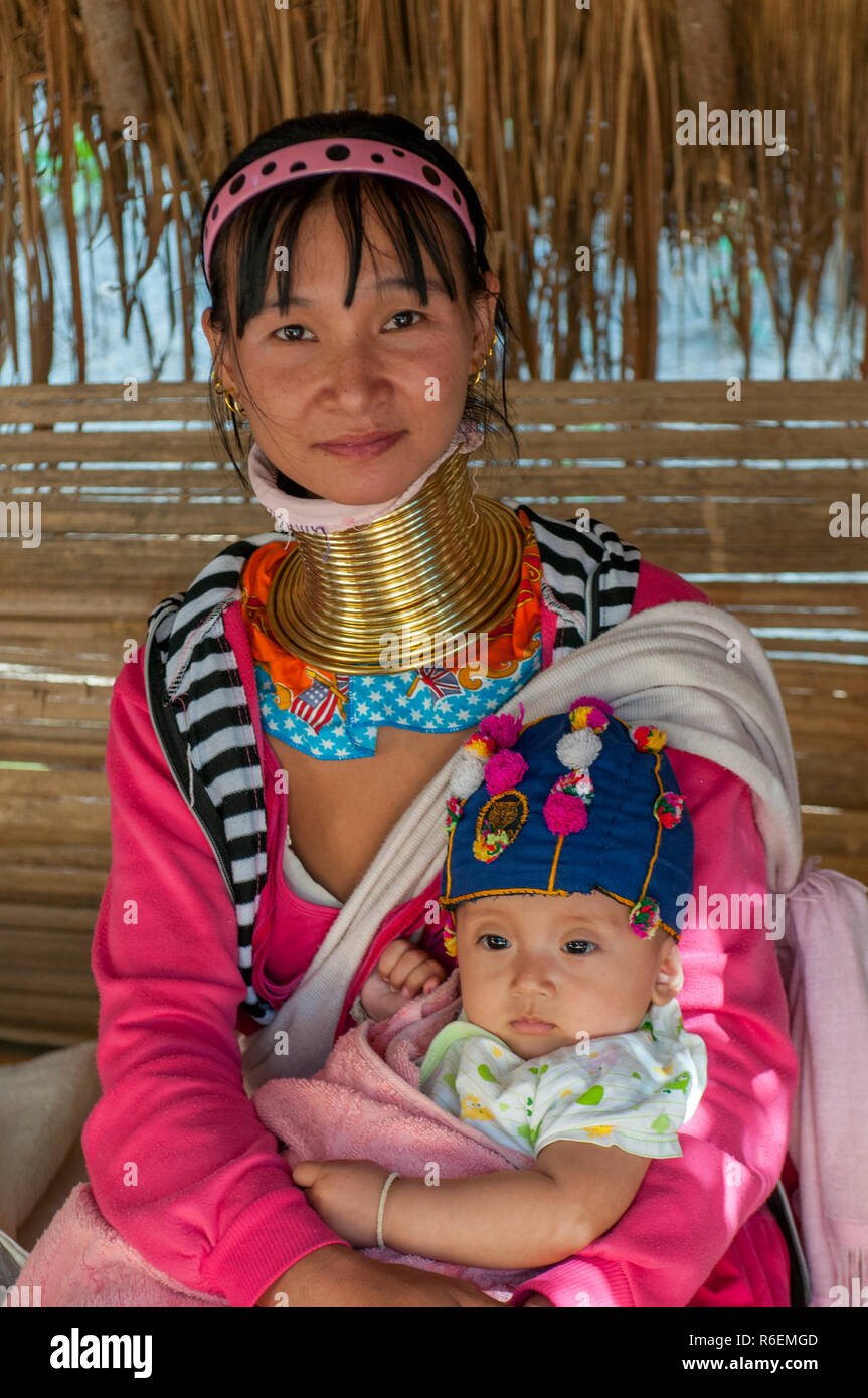 Mother And Baby At The Long Neck People And Hill Tribe Of Northern Thailand The Long Neck People In Palong Village Stock Photo