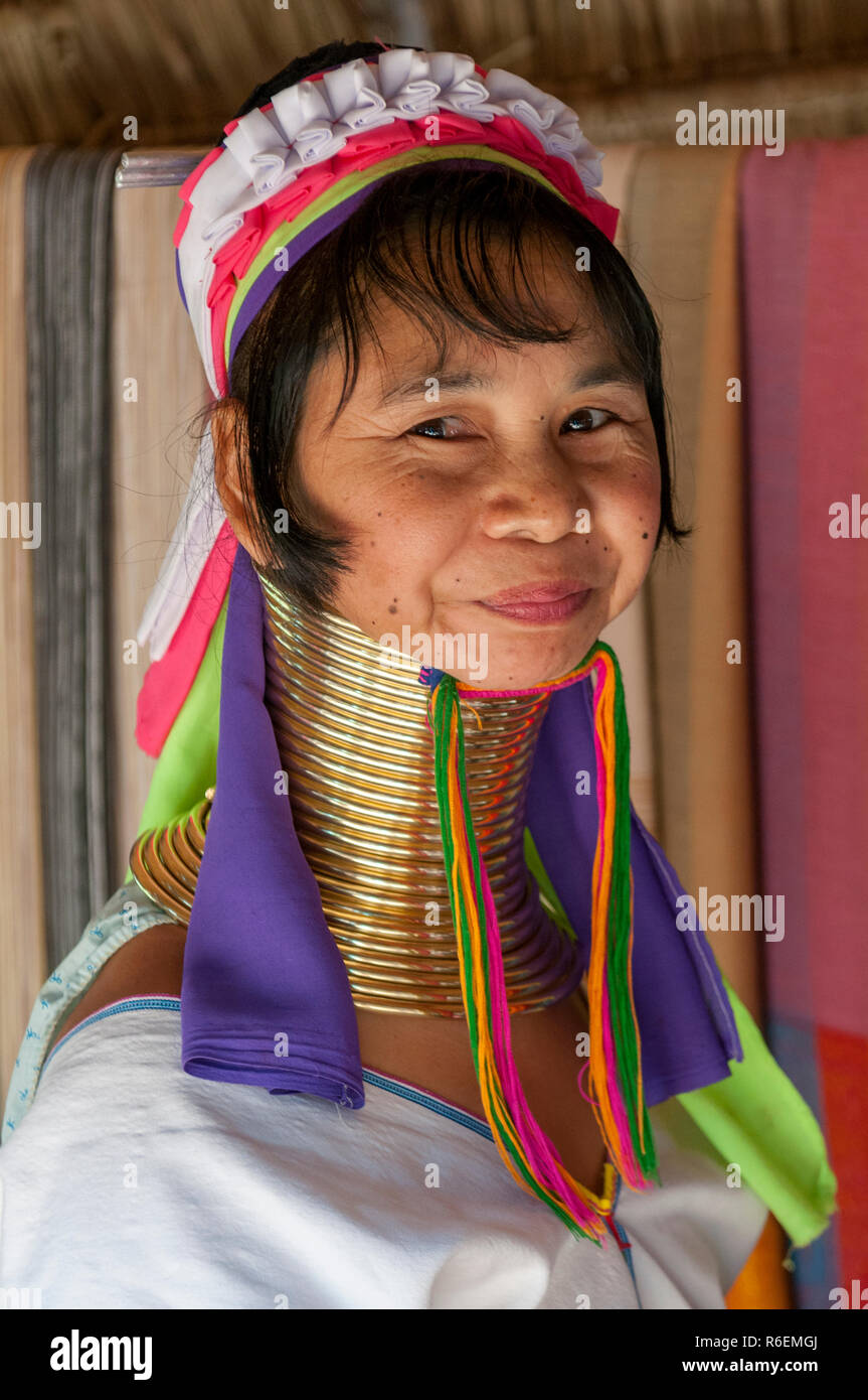 Woman From The Padaung Long Neck Hill Tribe, Tha Ton, Chiang Mai Province, Thailand Stock Photo