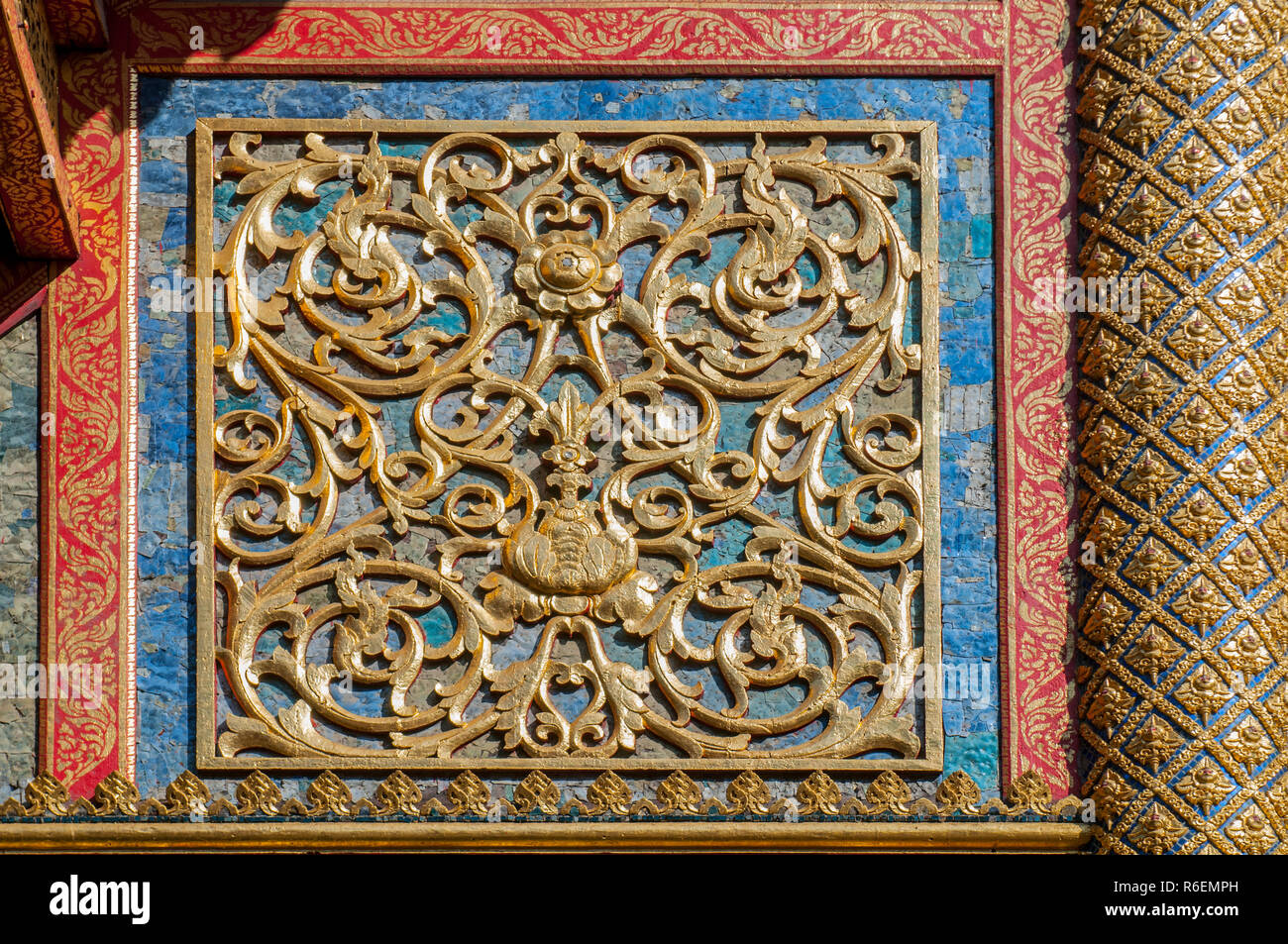 Carved Woodwork Above Entrance To Wihaan (Ordination Hall), Wat Phra Singh, Chiang Mai, Thailand Stock Photo