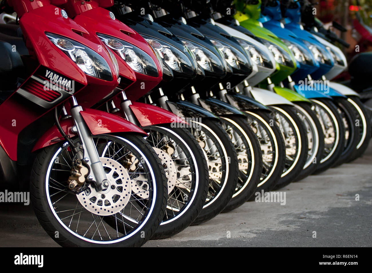 Row Of Motorbikes Available For Rent To Tourists, Bangkok, Thailand Stock Photo
