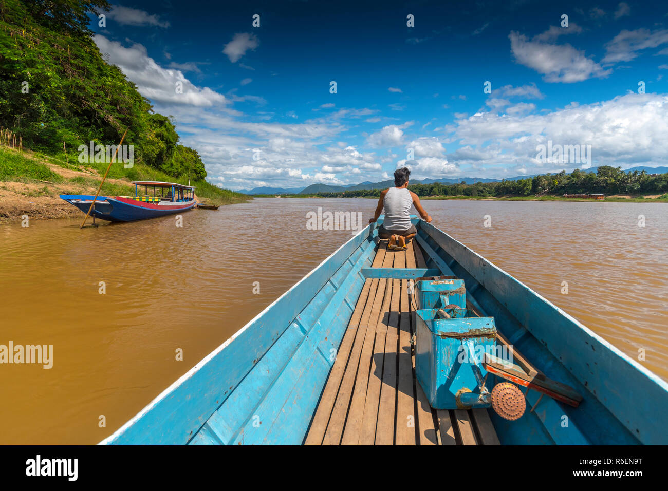 Tourist River Boat On The Mekong River, Luang Prabang, Laos, Asia Stock Photo