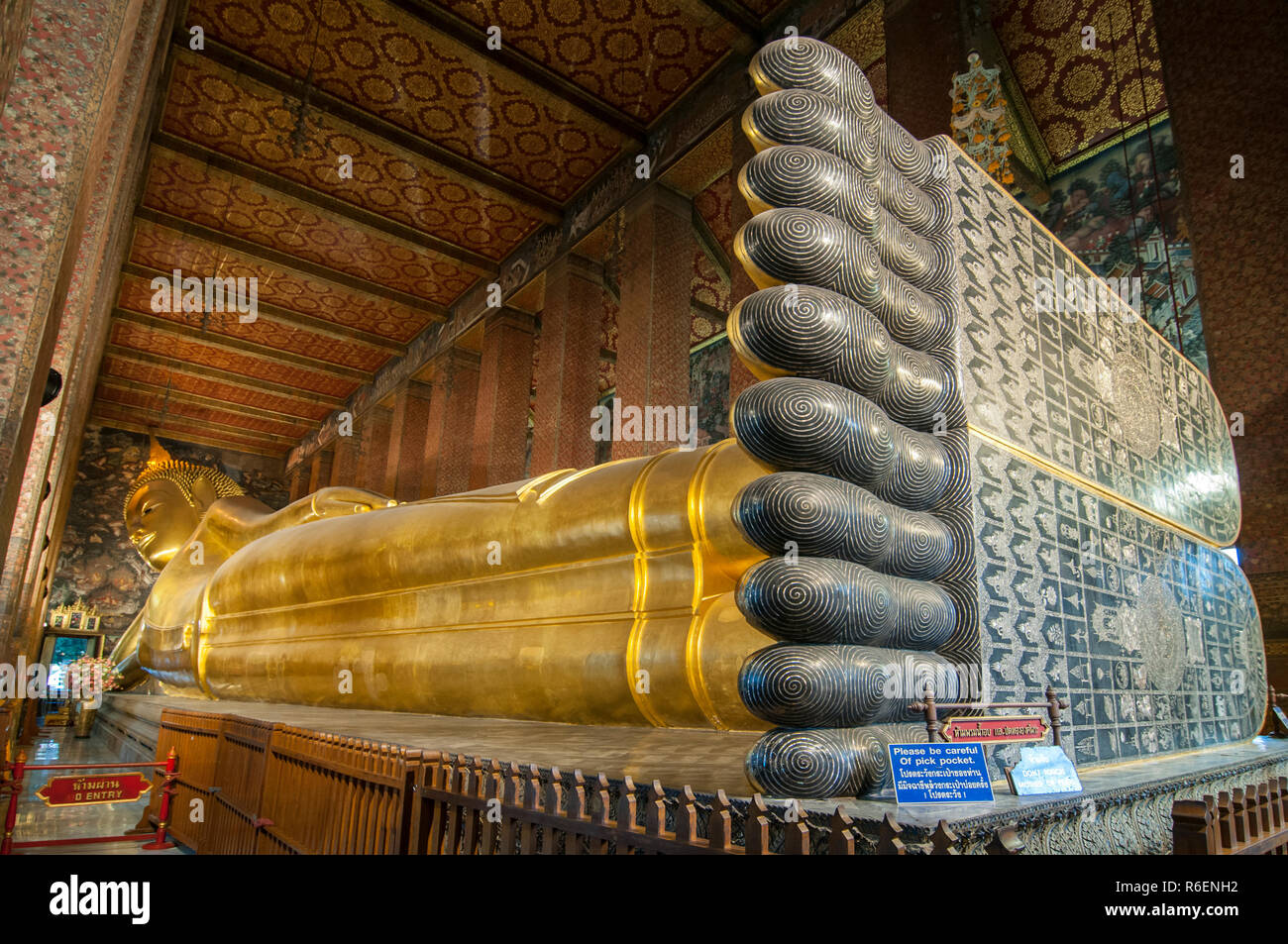 Feet Of The Golden Reclining Buddha Statue At The Wat Pho Temple Bangkok, Thailand Stock Photo