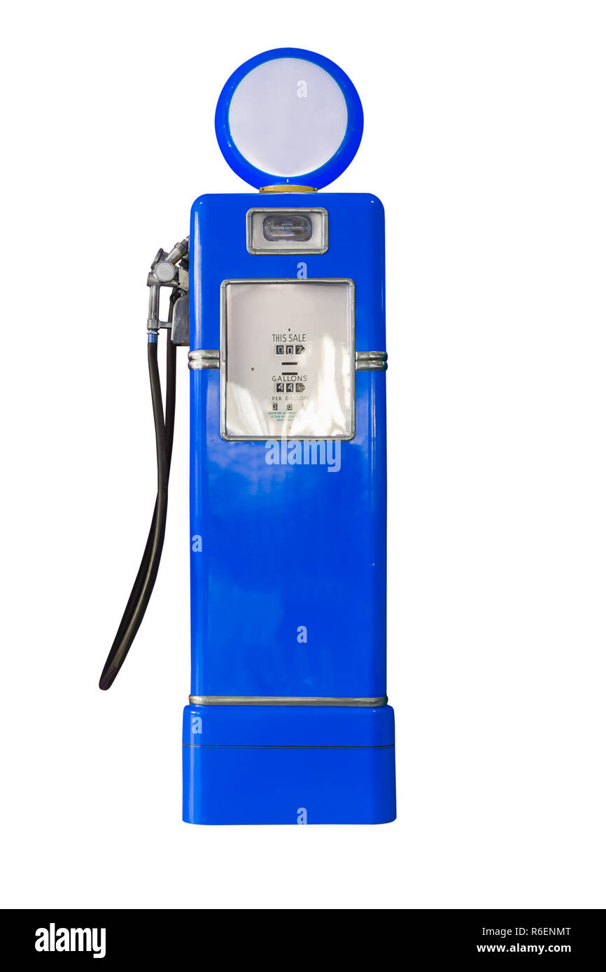 Vintage blue fuel pump on white Stock Photo Alamy