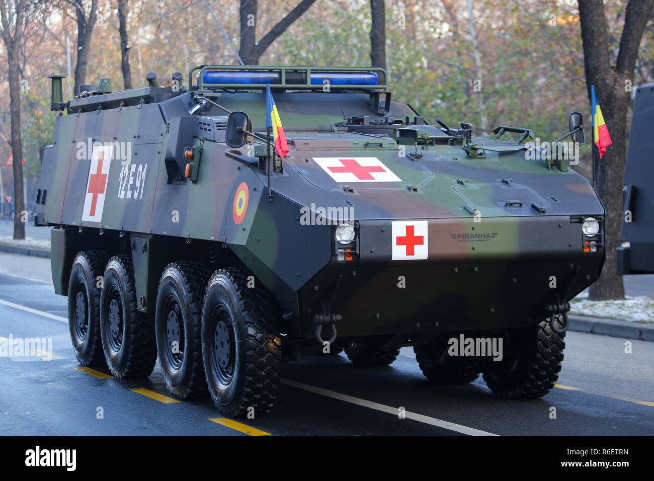 BUCHAREST, ROMANIA - December 1, 2018: Mowag Piranha armored medical military vehicle at Romanian National Day military parade Stock Photo