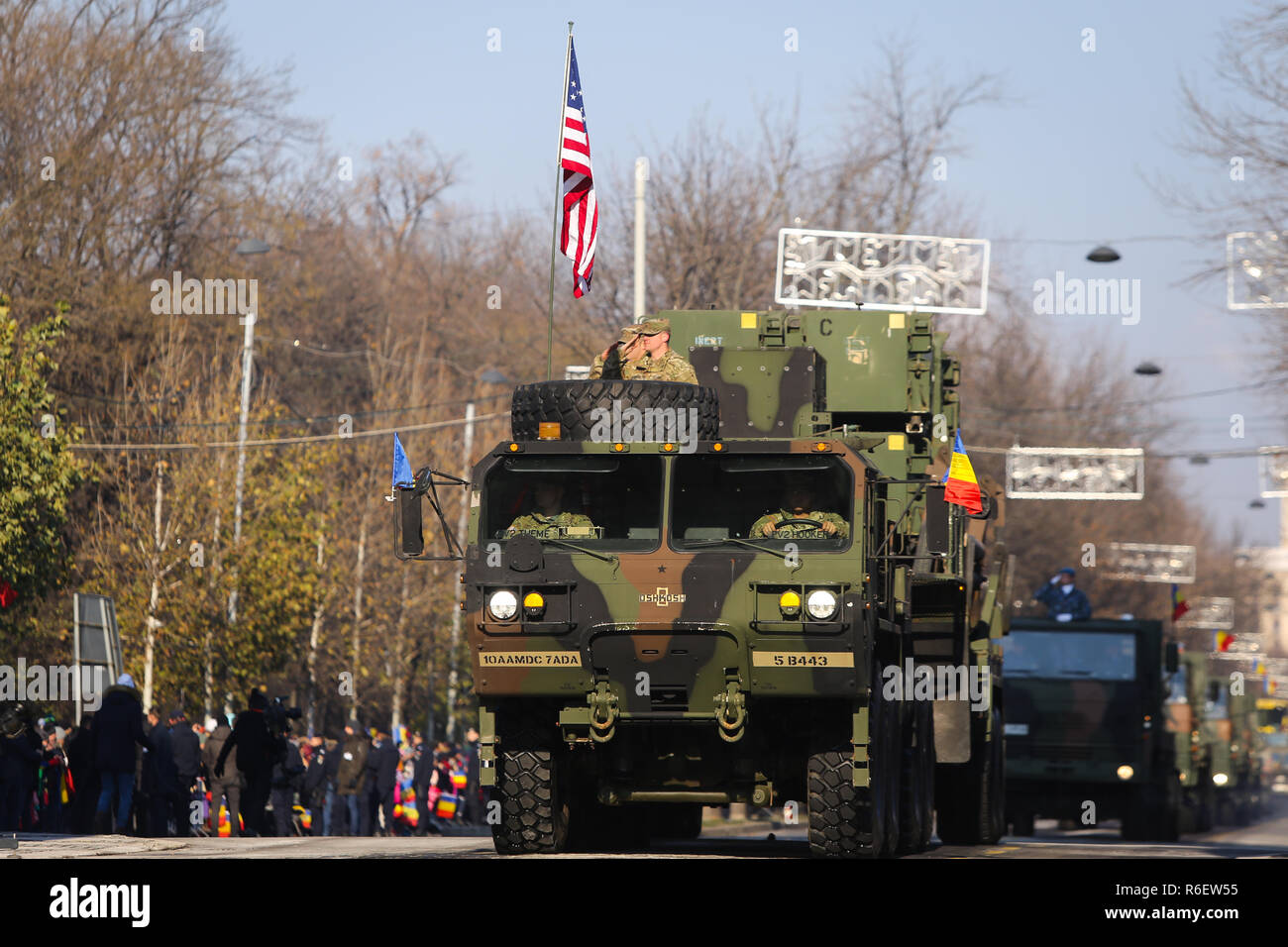 BUCHAREST, ROMANIA - December 1, 2018: US commander of a Patriot PAC 3+ surface-to-air missile (SAM) system at the Romanian National Day military para Stock Photo