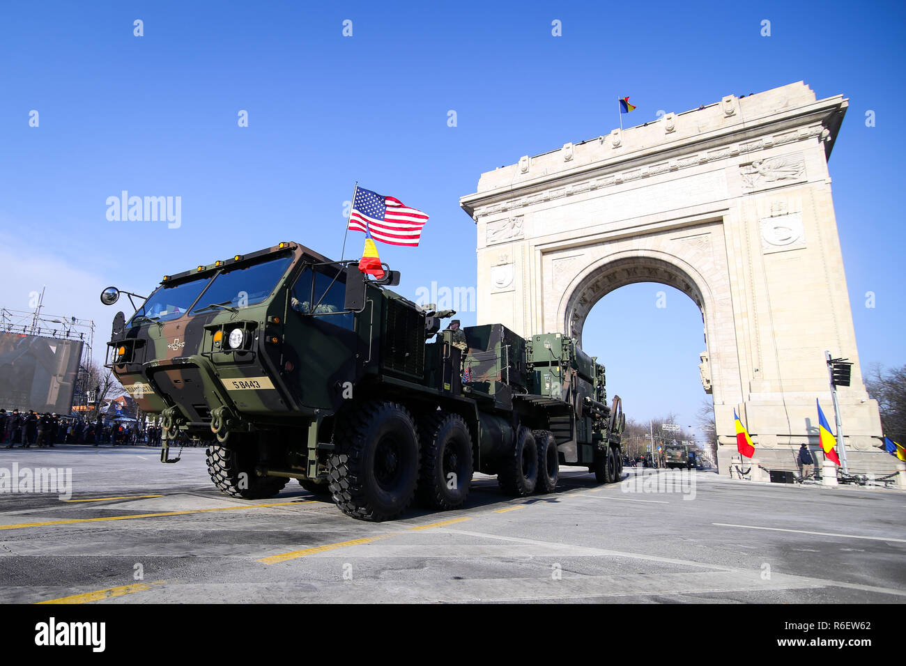 BUCHAREST, ROMANIA - December 1, 2018: Patriot PAC 3+ surface-to-air missile (SAM) system at the Romanian National Day military parade Stock Photo