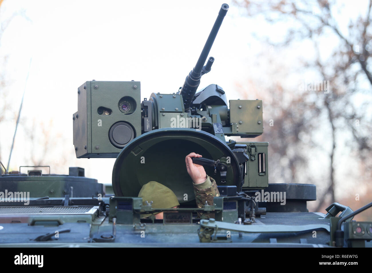 BUCHAREST, ROMANIA - December 1, 2018: Anti-aircraft vehicle, also known as a self-propelled anti-aircraft gun (SPAAG) or self-propelled air defense s Stock Photo