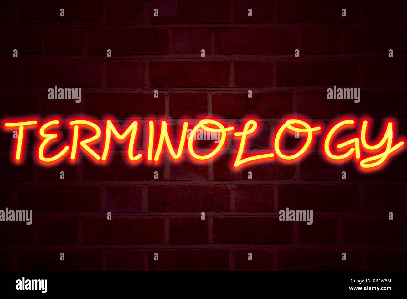 Terminology Neon Sign On Brick Wall Background Fluorescent Neon Tube Sign On Brickwork Business 