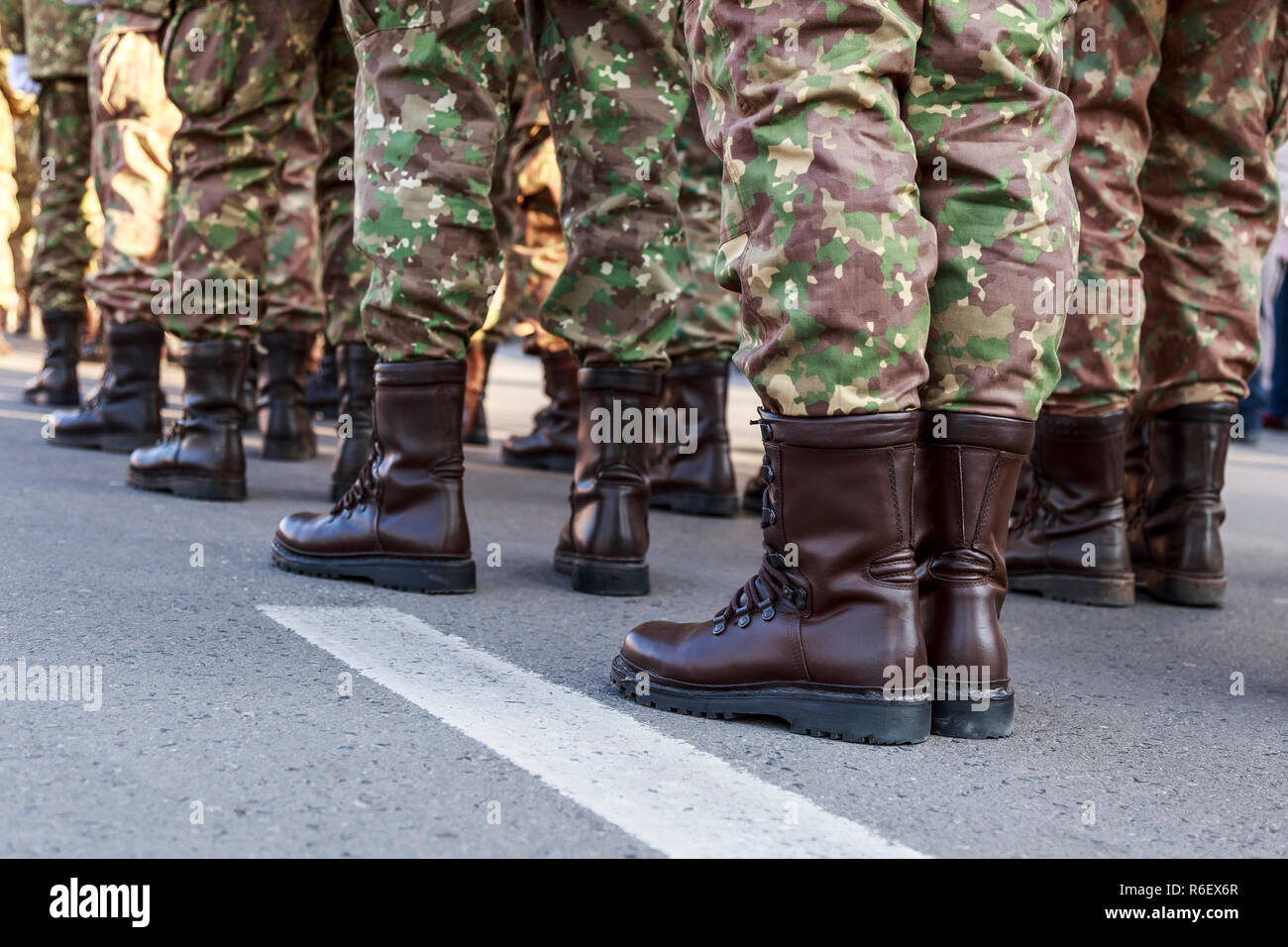 Footwear of soldiers Romania military uniform. Romanian troops close-up Stock Photo