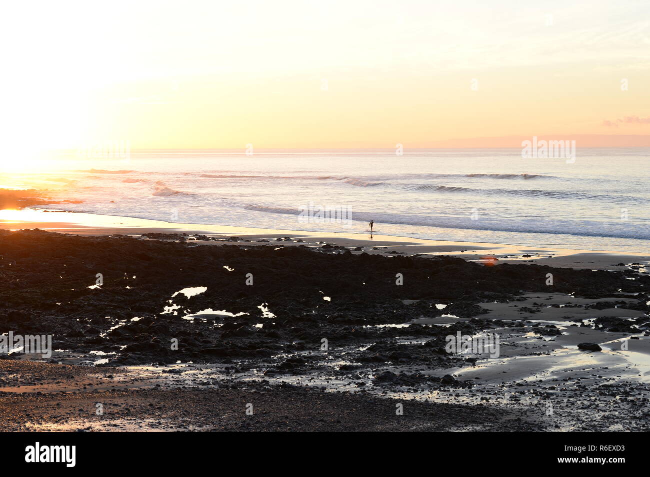 Lone surfer on rocky shore at dawn Stock Photo