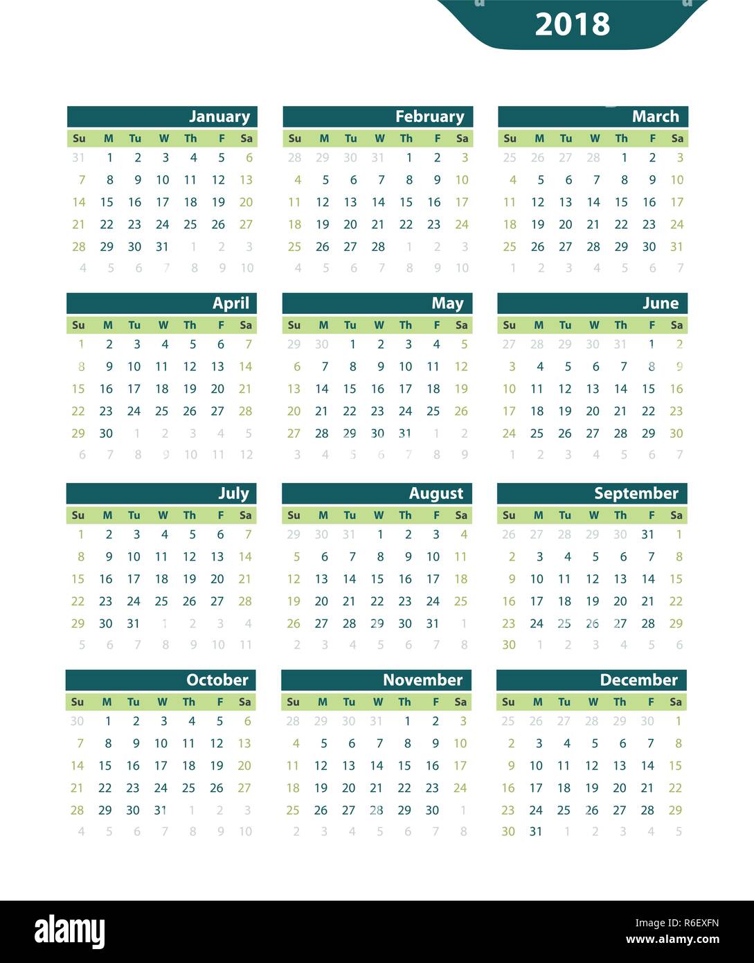 Classic vector calendar 2018 on a white background Stock Vector