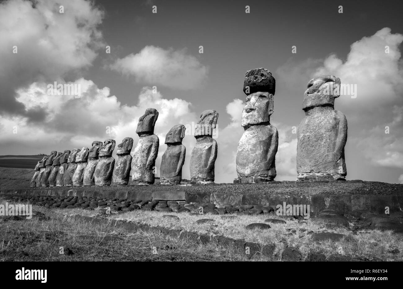 Moais statues, ahu Tongariki, easter island. Black and white picture Stock Photo