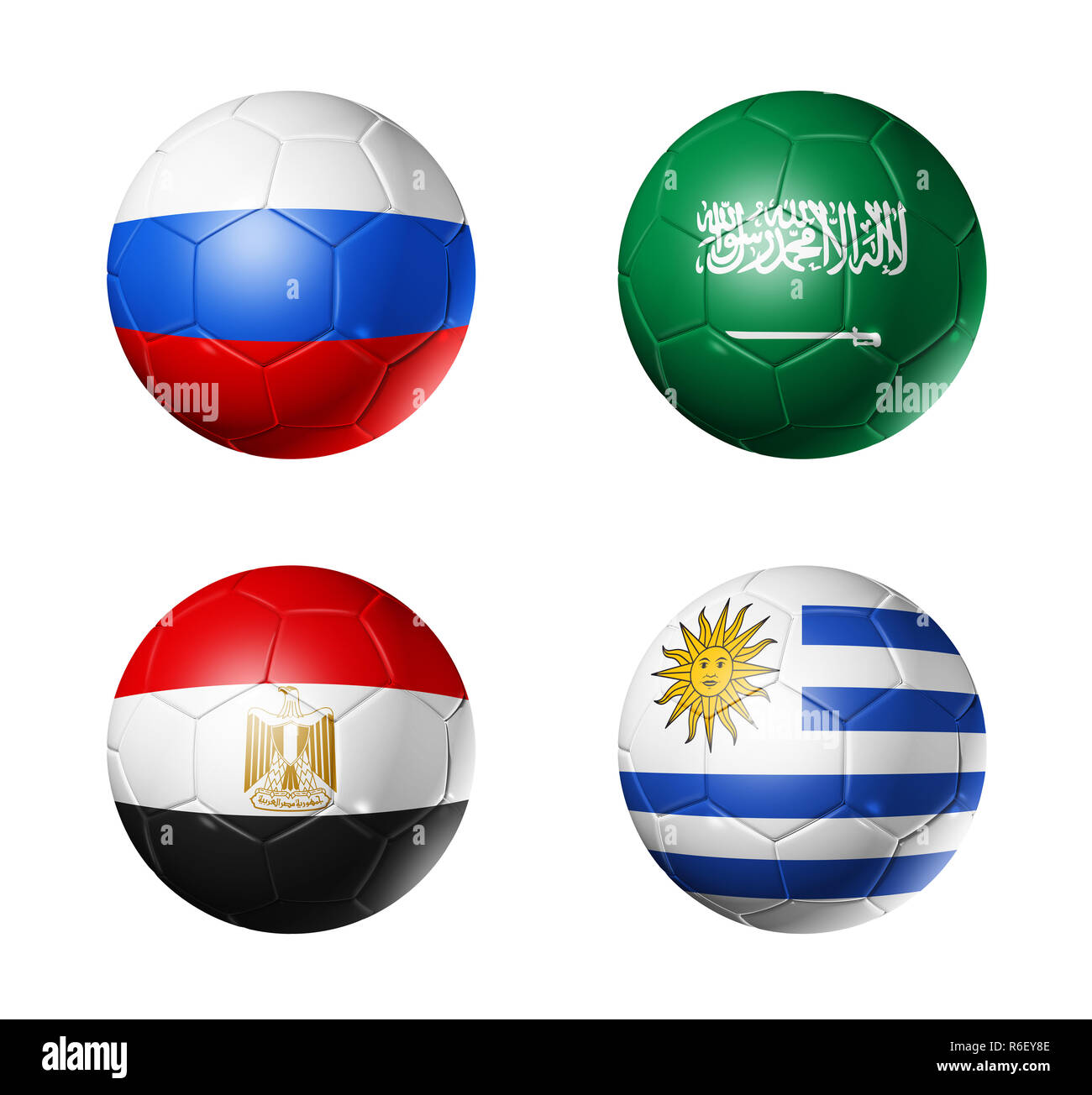 Russia football 2018 group A flags on soccer balls Stock Photo