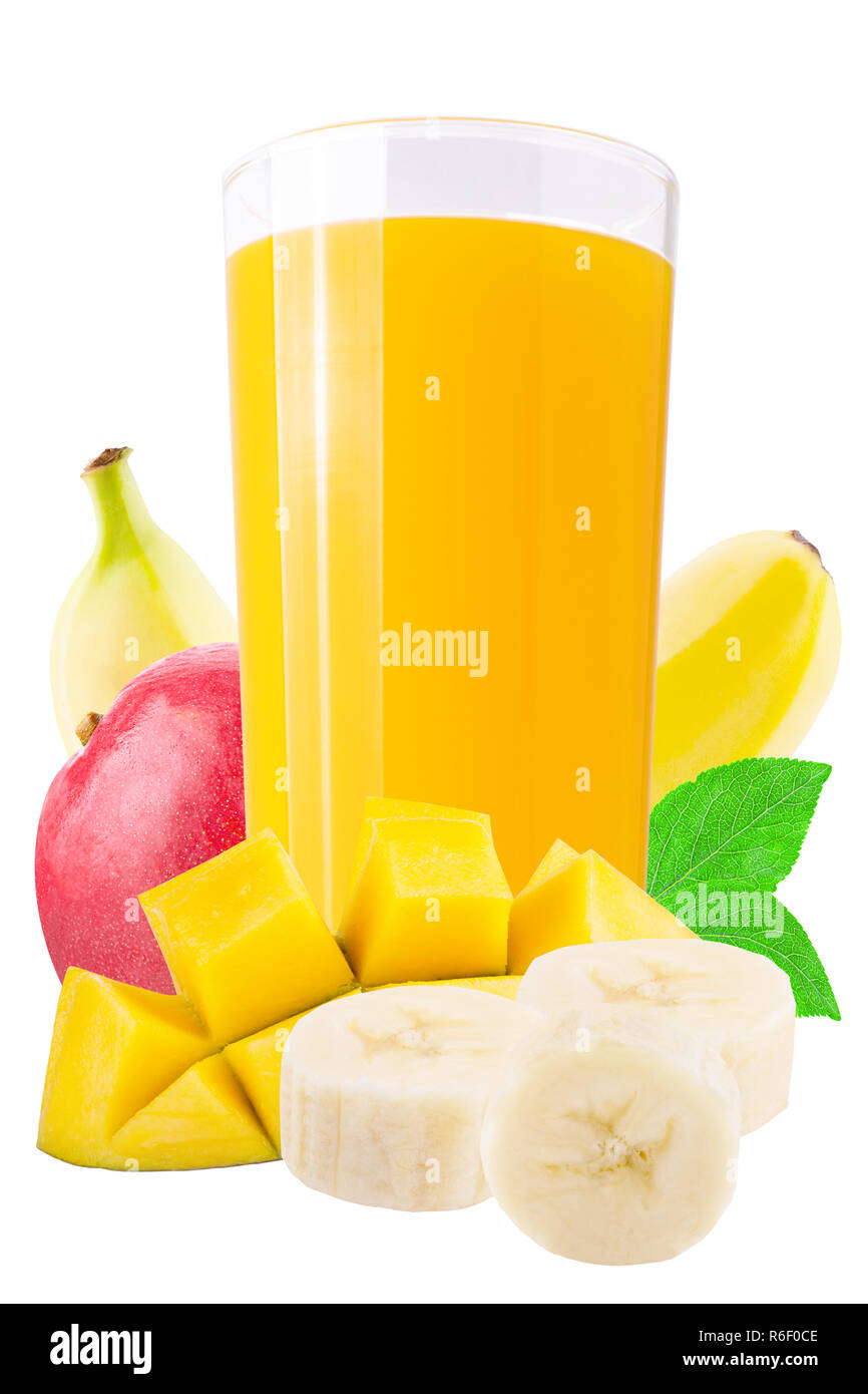 Fresh mango and banana juices on white Stock Photo Alamy