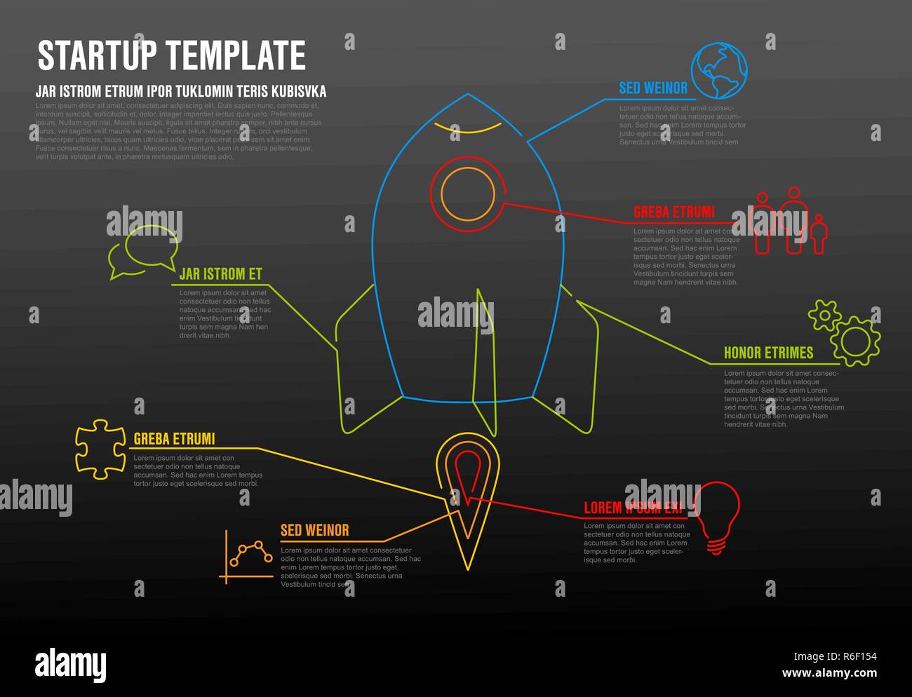 Thin line startup infographic template with space rocket - dark version Stock Vector