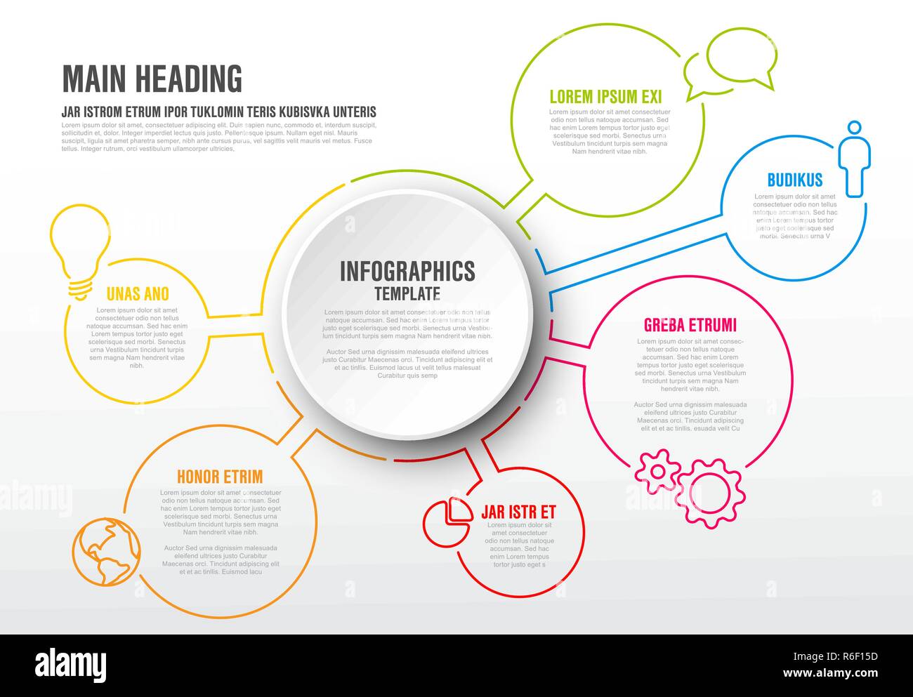 Vector Infographic report template with thin line circles and colorful ...