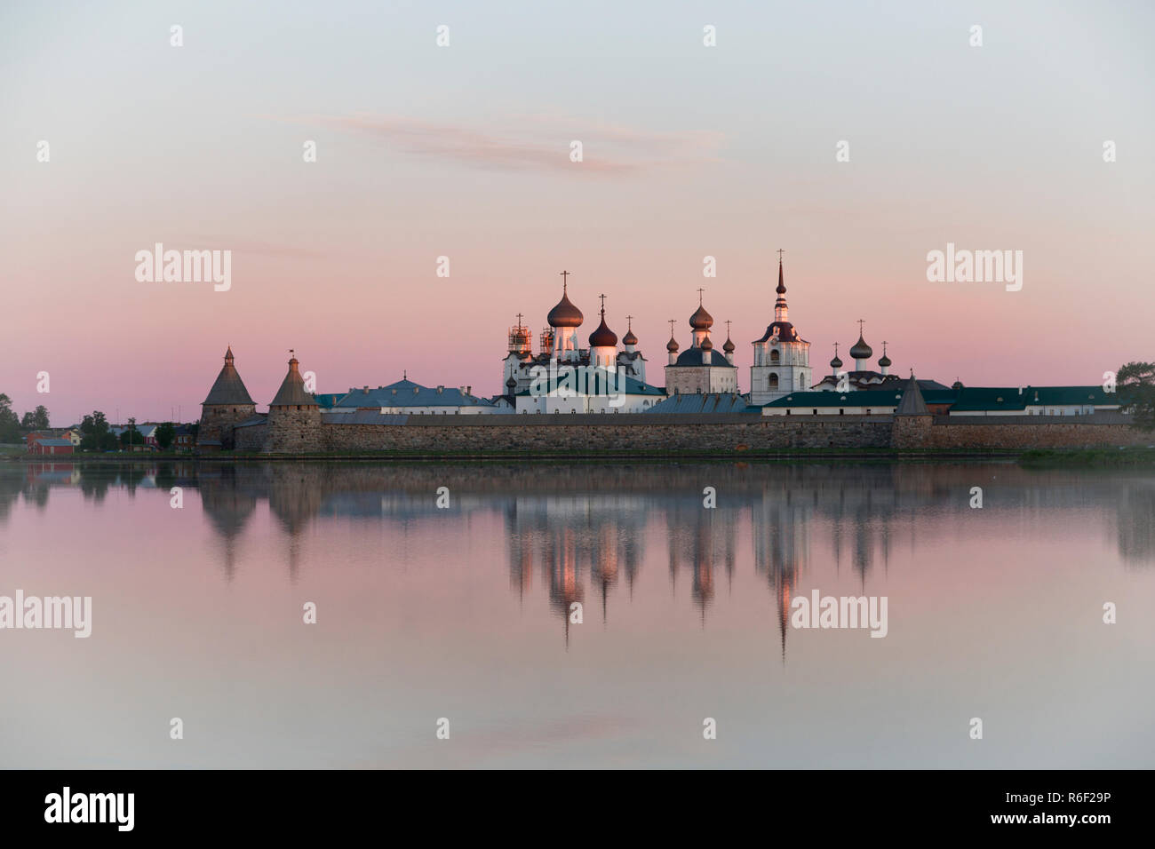 View of Solovetsky monastery in summer sunrise Stock Photo