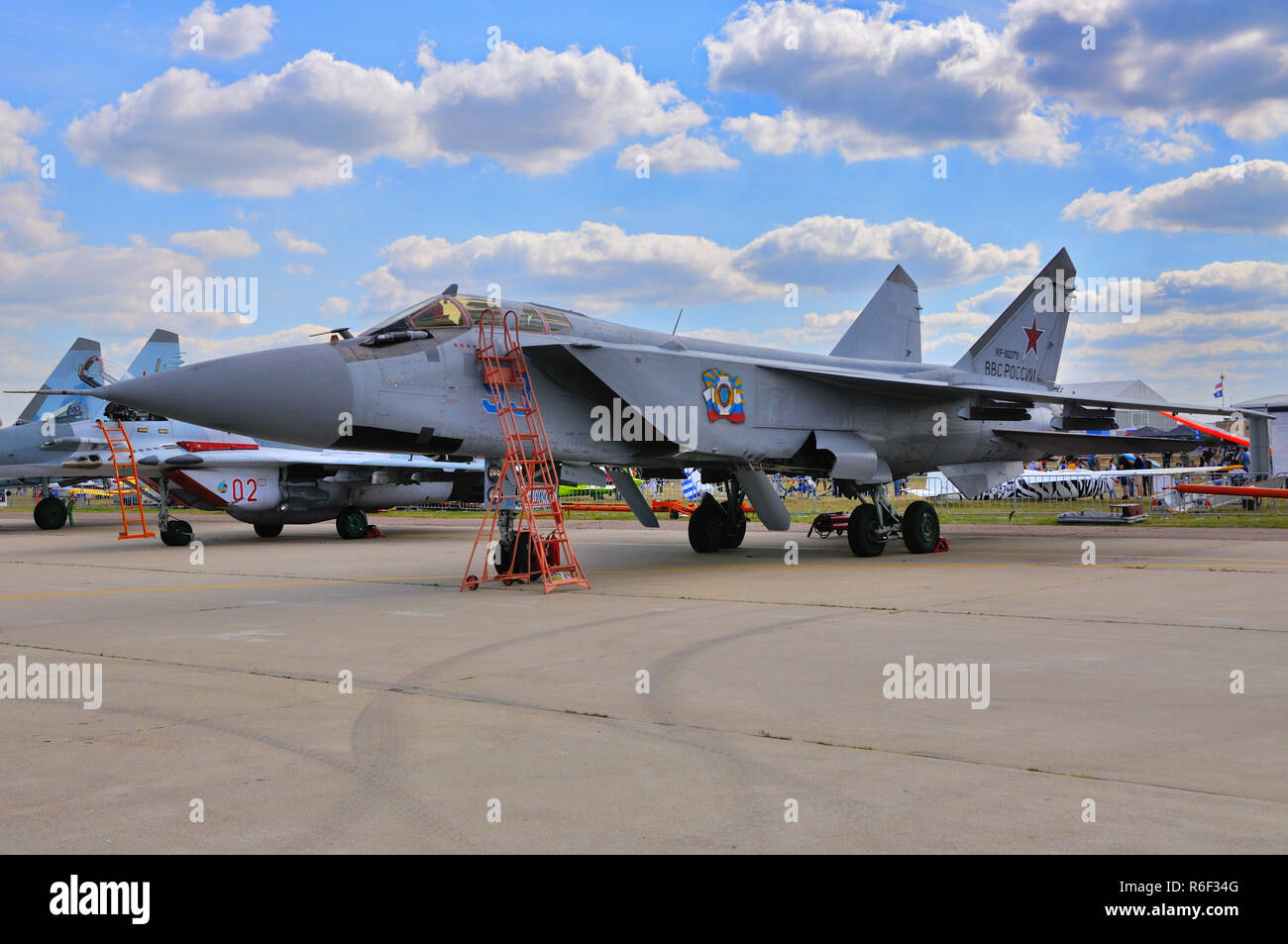 MOSCOW, RUSSIA - AUG 2015: interceptor aircraft MiG-31 Foxhound presented at the 12th MAKS-2015 International Aviation and Space Show on August 28, 20 Stock Photo