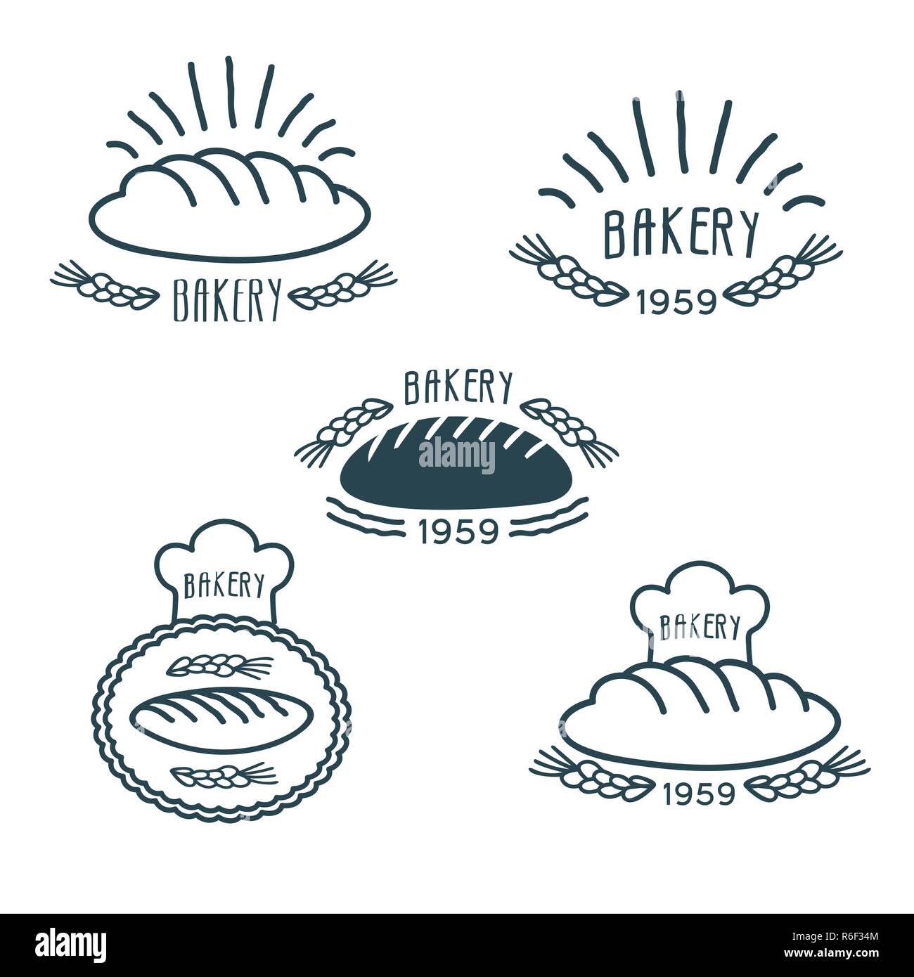 Bakery logos set with bread and spikelets emblems isolated vector illustration Stock Vector