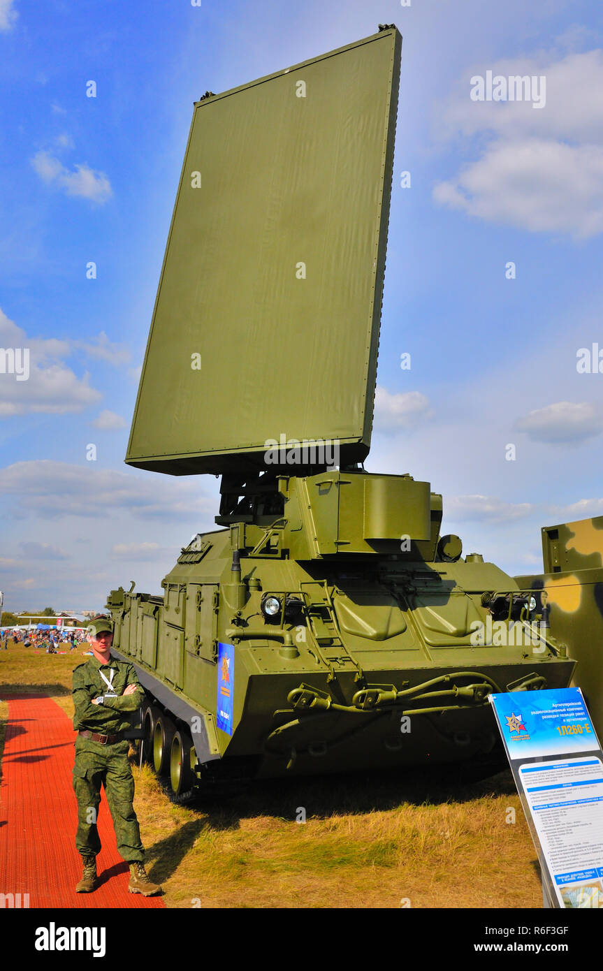 MOSCOW, RUSSIA - AUG 2015: Station target detection anti-aircraft Buk missile system SA-11 Gadfly presented at the 12th MAKS-2015 International Aviati Stock Photo