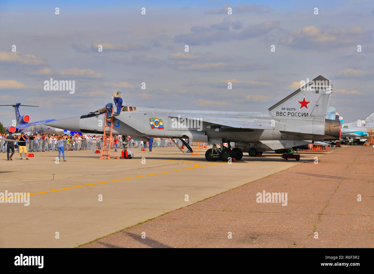 MOSCOW, RUSSIA - AUG 2015: interceptor aircraft MiG-31 Foxhound presented at the 12th MAKS-2015 International Aviation and Space Show on August 28, 20 Stock Photo