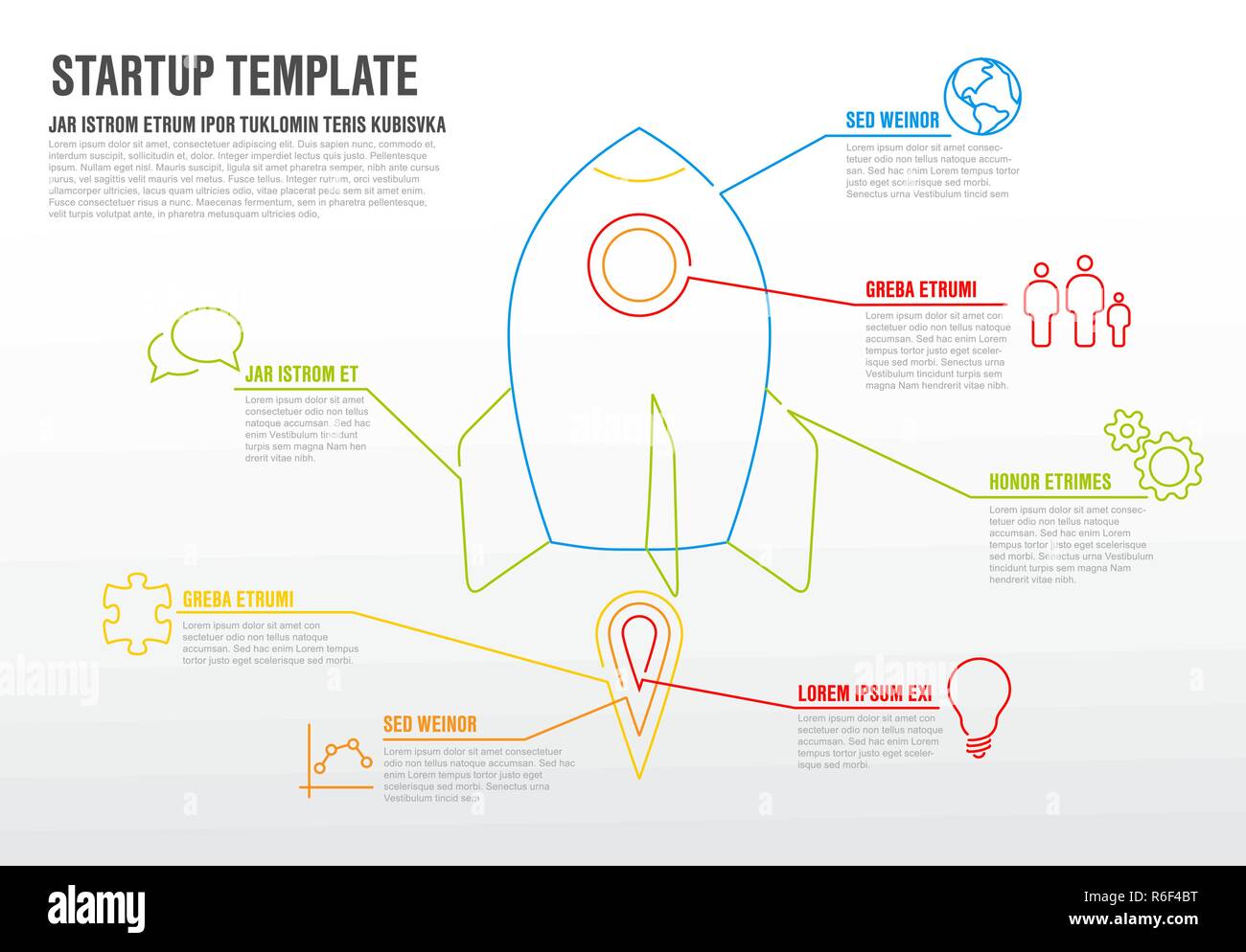 Thin line startup infographic template with space rocket Stock Vector