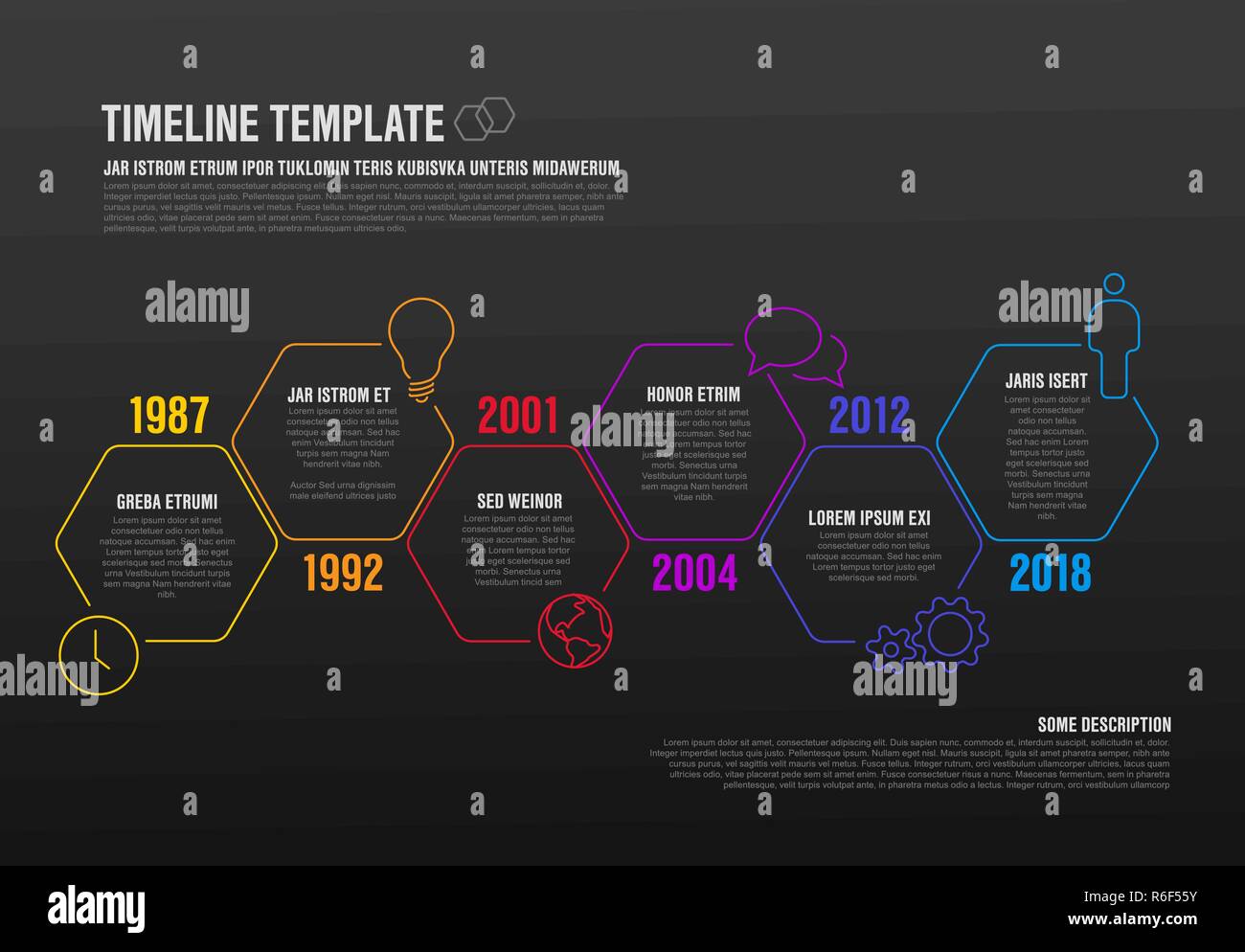 Vector Infographic timeline template made from thin line hexagons and icons - dark version Stock Vector