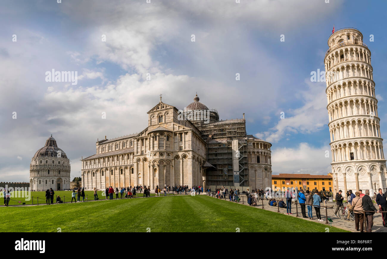 Horizontal panoramic view of the Square of Miracles including the Leaning Tower,  Duomo and Bapistery in Pisa, Tuscany. Stock Photo