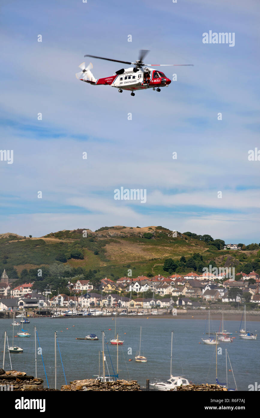 Vertical view of the coastguards helicopter flying across the Conwy river. Stock Photo