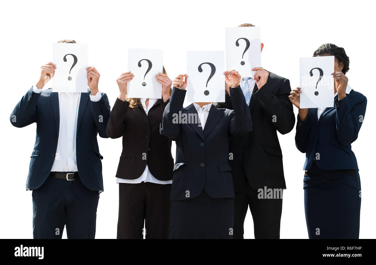 Businesspeople Hiding Face Behind Question Mark Sign Stock Photo