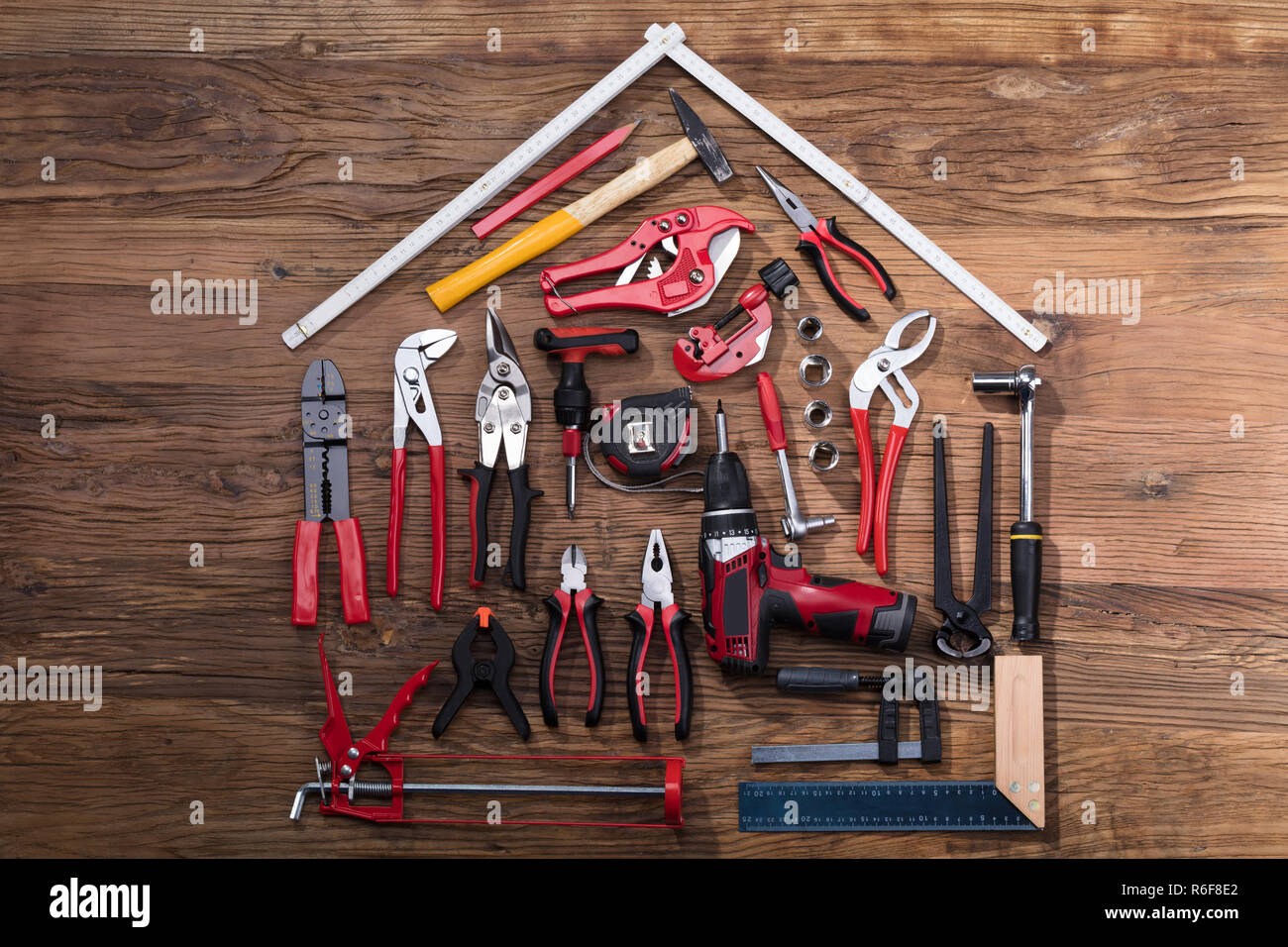 Elevated View Of Various Worktools Stock Photo