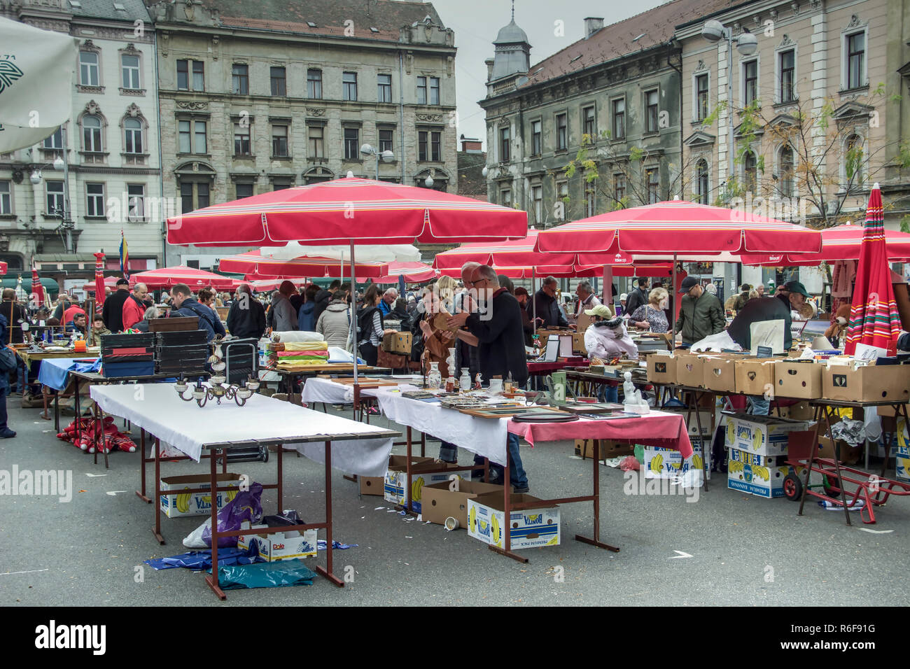 Zagreb, Croatia, November 2018 - Customers and sellers at the Flea Market placed on the British Square Stock Photo