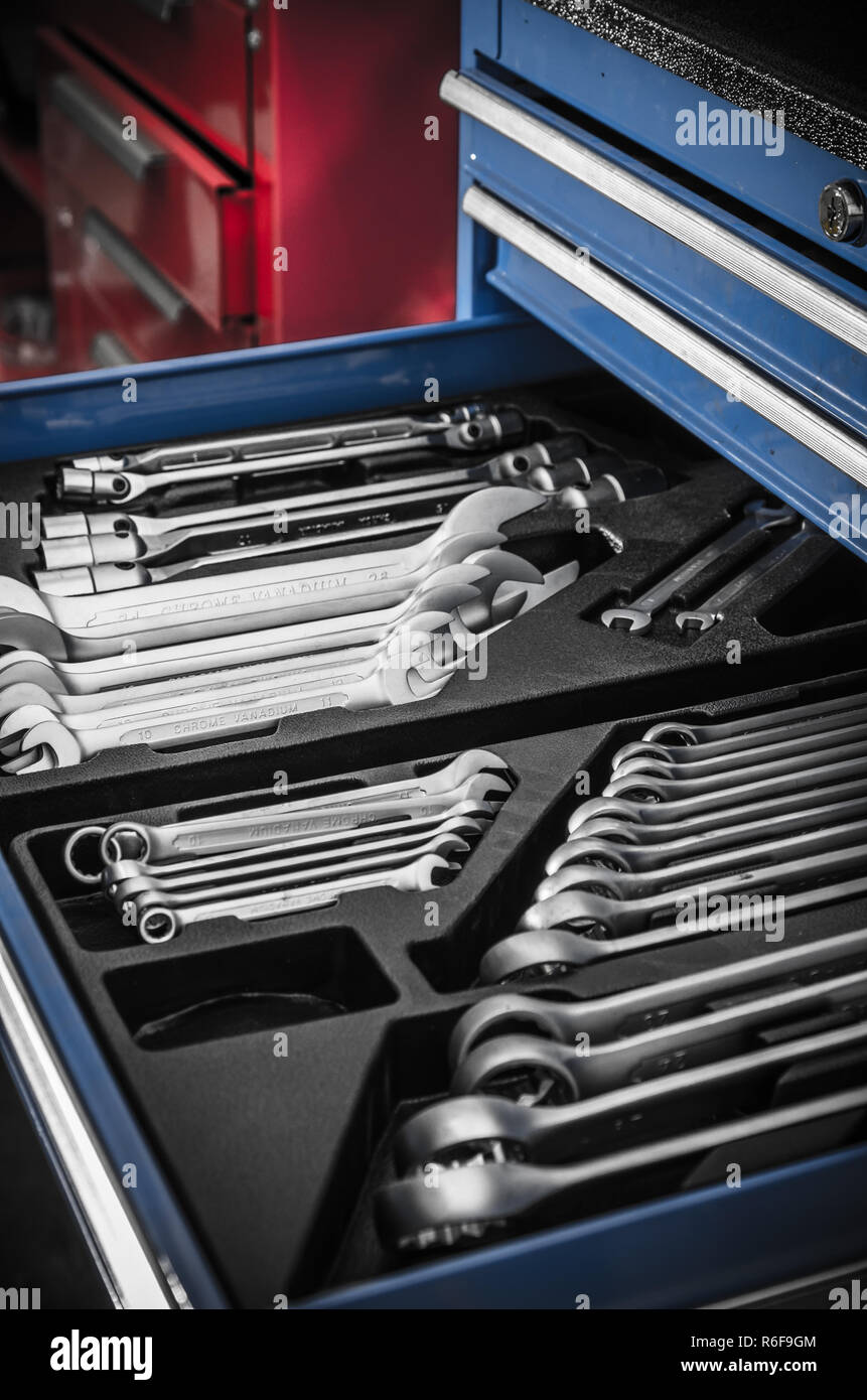 Toolbox in the workshop, close-up Stock Photo