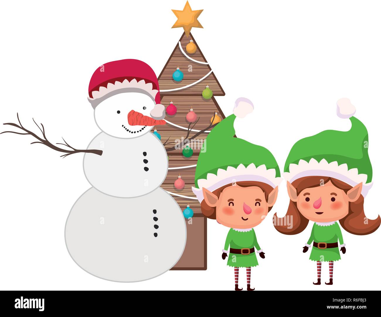 couple of elves with snowman and christmas tree Stock Vector Image ...