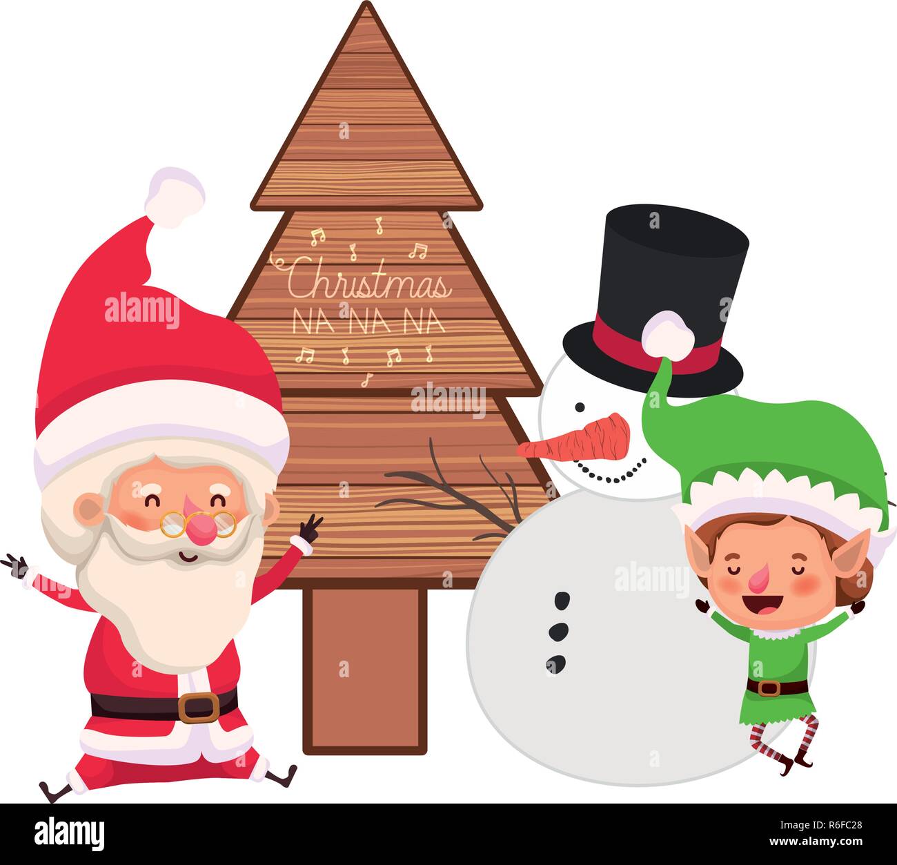 santa claus and elf with christmas tree and snowman Stock Vector