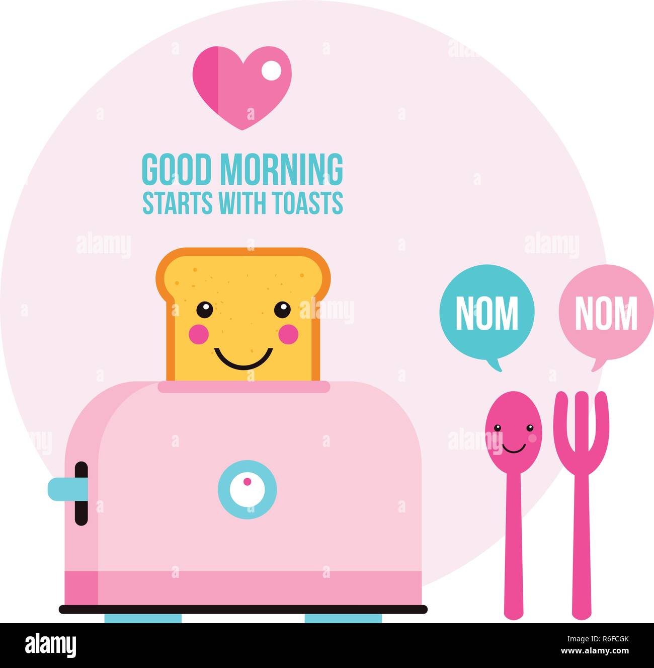 Toaster Funny toasted bread Fork and Spoon with cute smile Cartoon