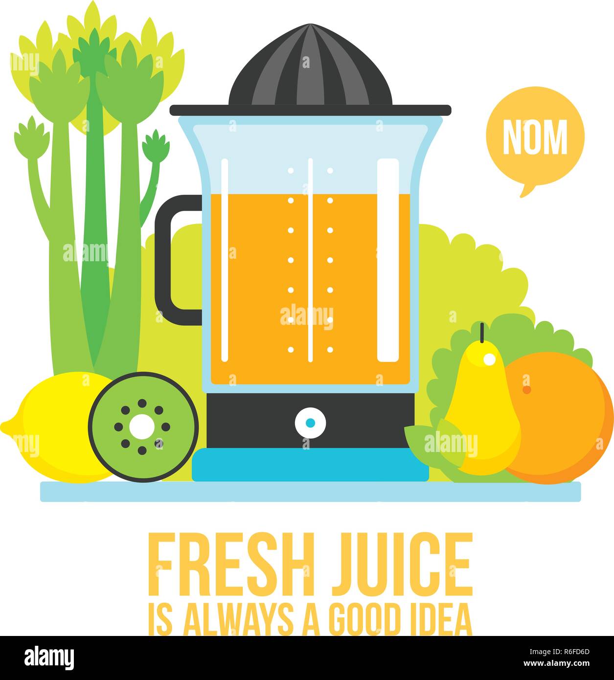 Juicer Fresh vegetables greens and fruits on white background Vector illustration Stock Vector