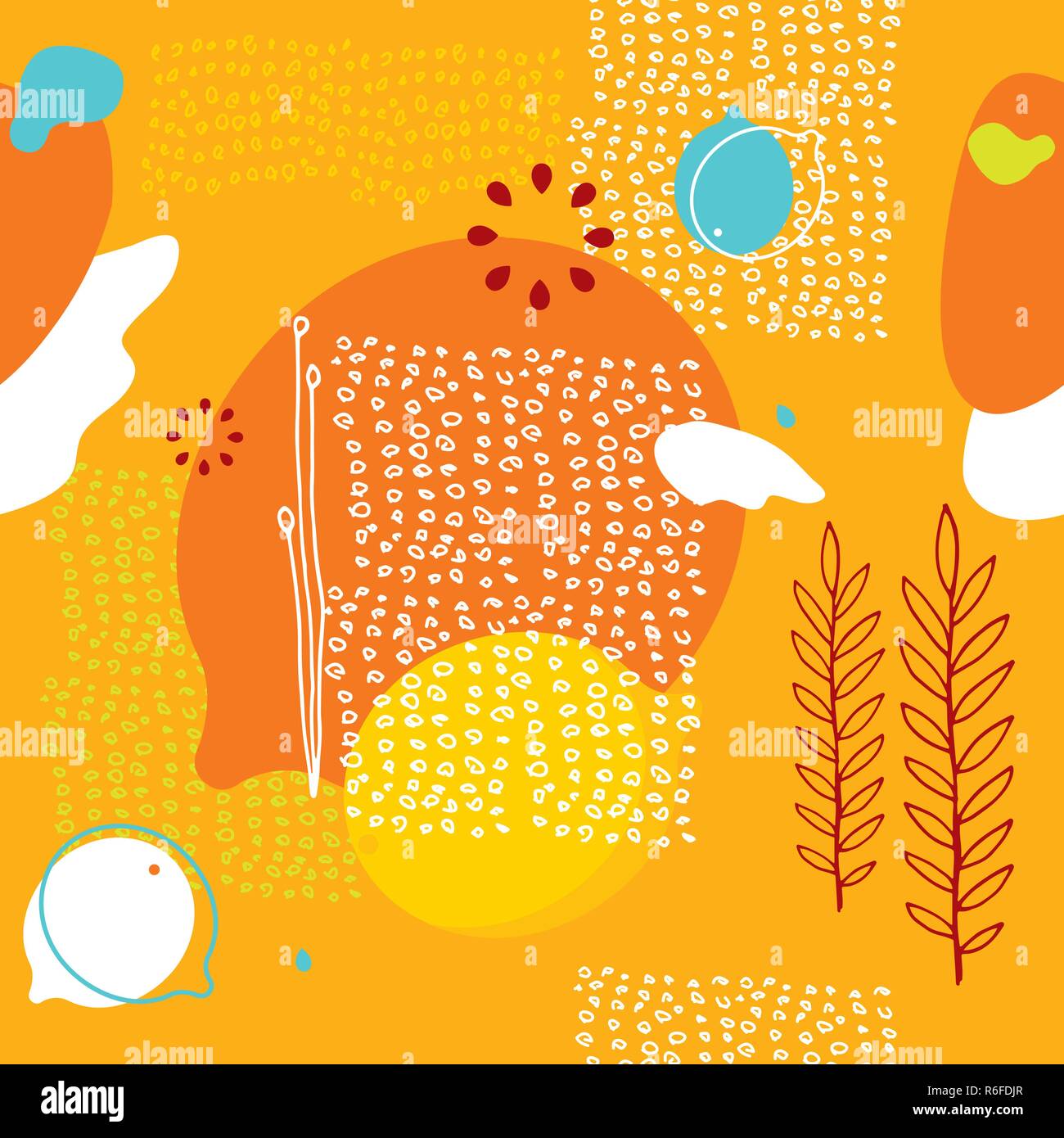 Colorful orange seamless background pattern with lemons and abstract elements Vector illustration Stock Vector