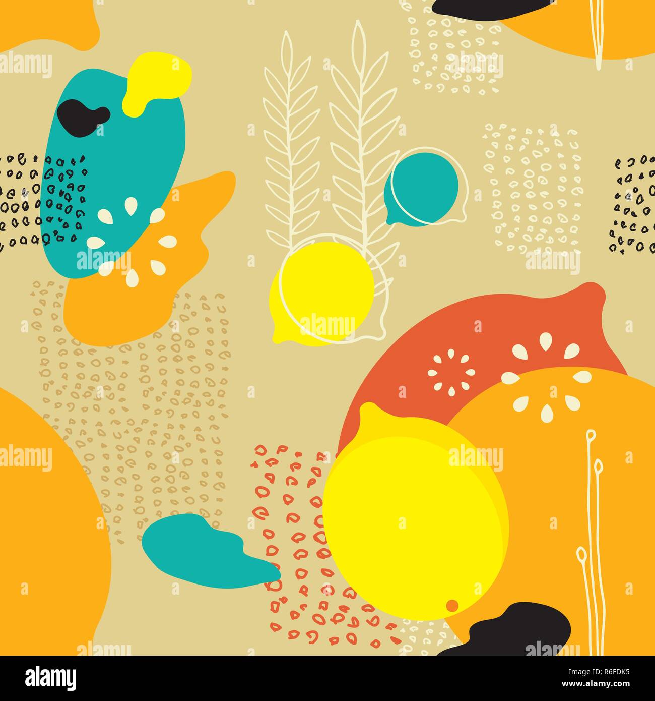 Seamless background pattern with lemons and abstract elements Vector illustration Stock Vector