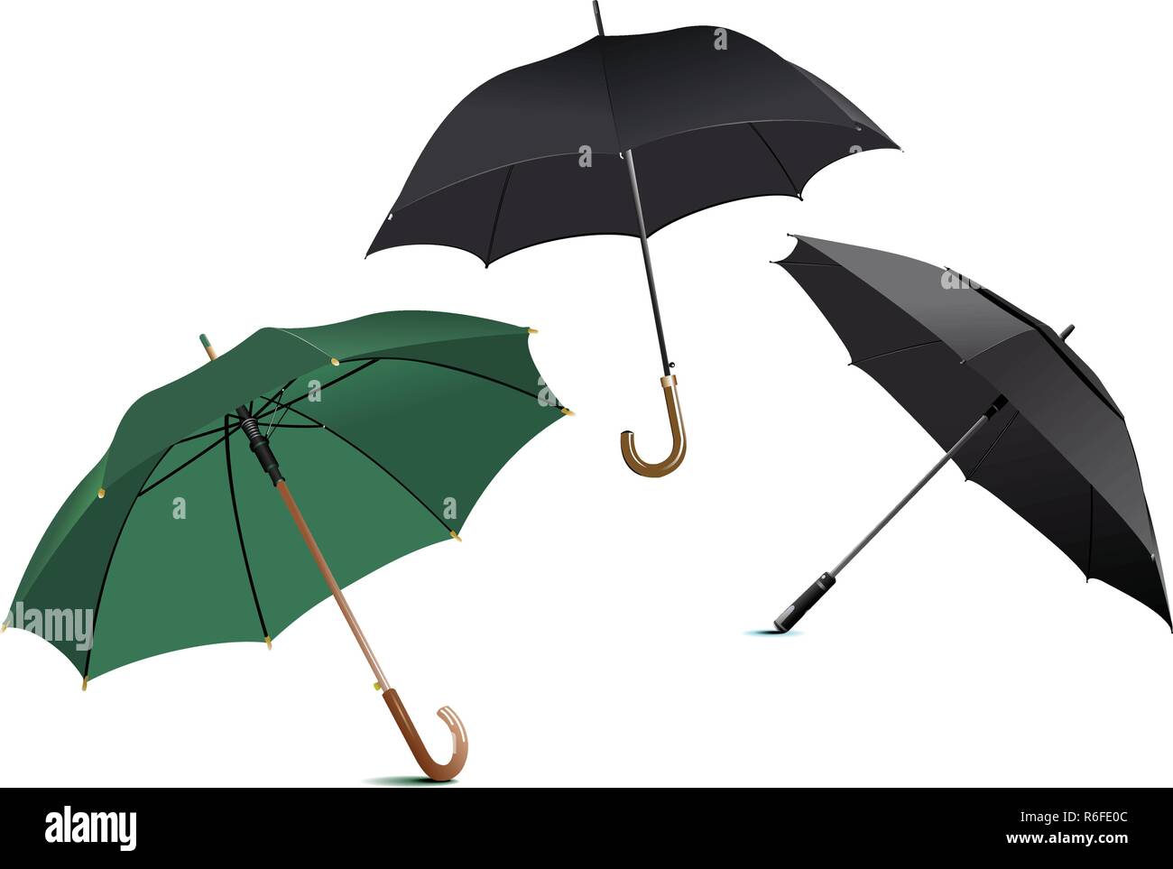 Three types of opened green rain umbrella. Vector illustration Stock