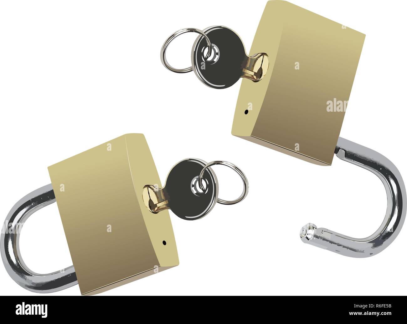 Bronze closed and opened padlocks with key. Vector illustration Stock ...