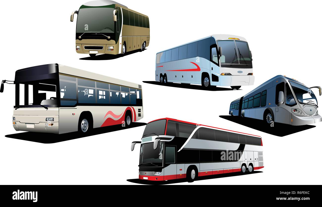 Five city buses. Tourist coach. Vector illustration Stock Vector Image ...