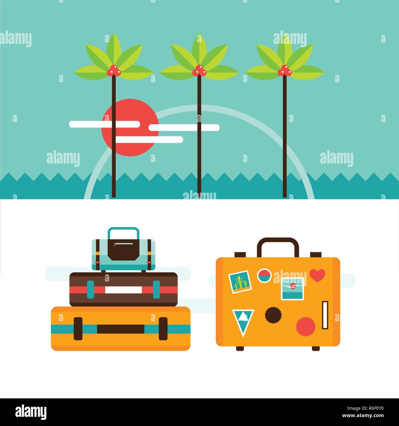 Summer vacation Tourism background with travel suitcase bags sea palms ...