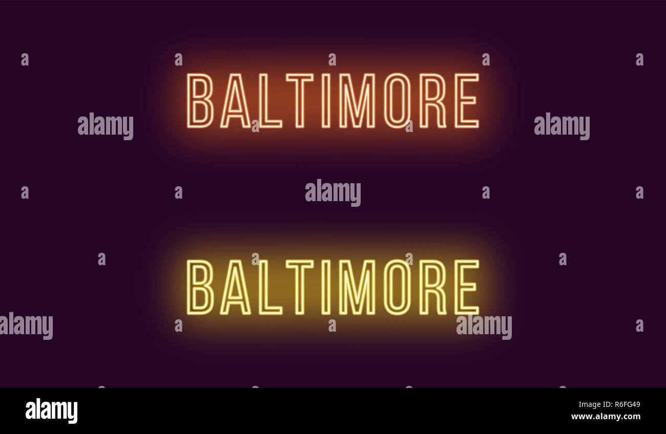 Neon name of Baltimore city in USA. Vector text of Baltimore, Neon