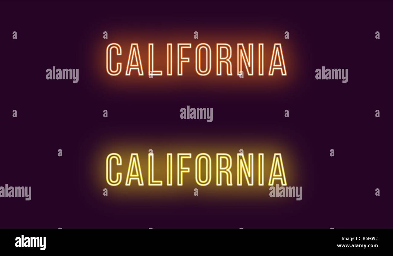 Neon name of California state in USA. Vector text of California, Neon inscription with backlight in Thin style, orange and yellow colors. Isolated glo Stock Vector