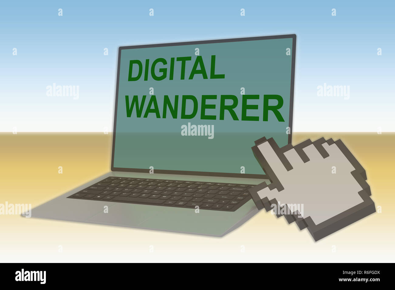 3D illustration of DIGITAL WANDERER script with pointing hand icon ...
