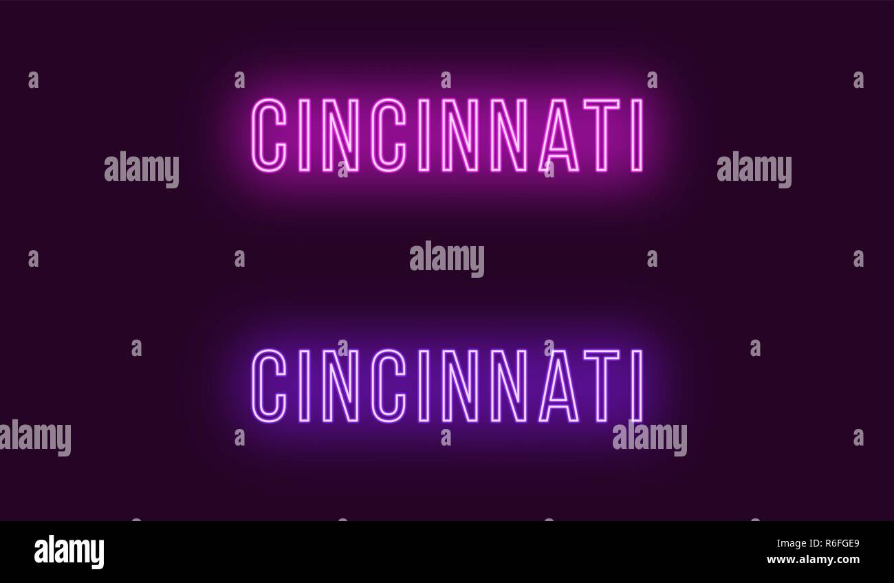 Neon name of Cincinnati city in USA. Vector text of Cincinnati, Neon inscription with backlight in Thin style, purple and violet colors. Isolated glow Stock Vector