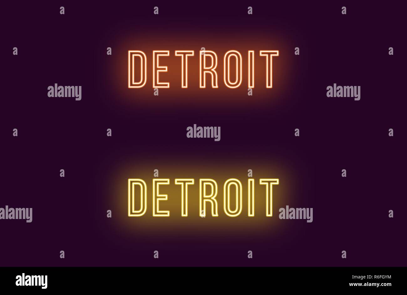 Neon name of Detroit city in USA. Vector text of Detroit, Neon
