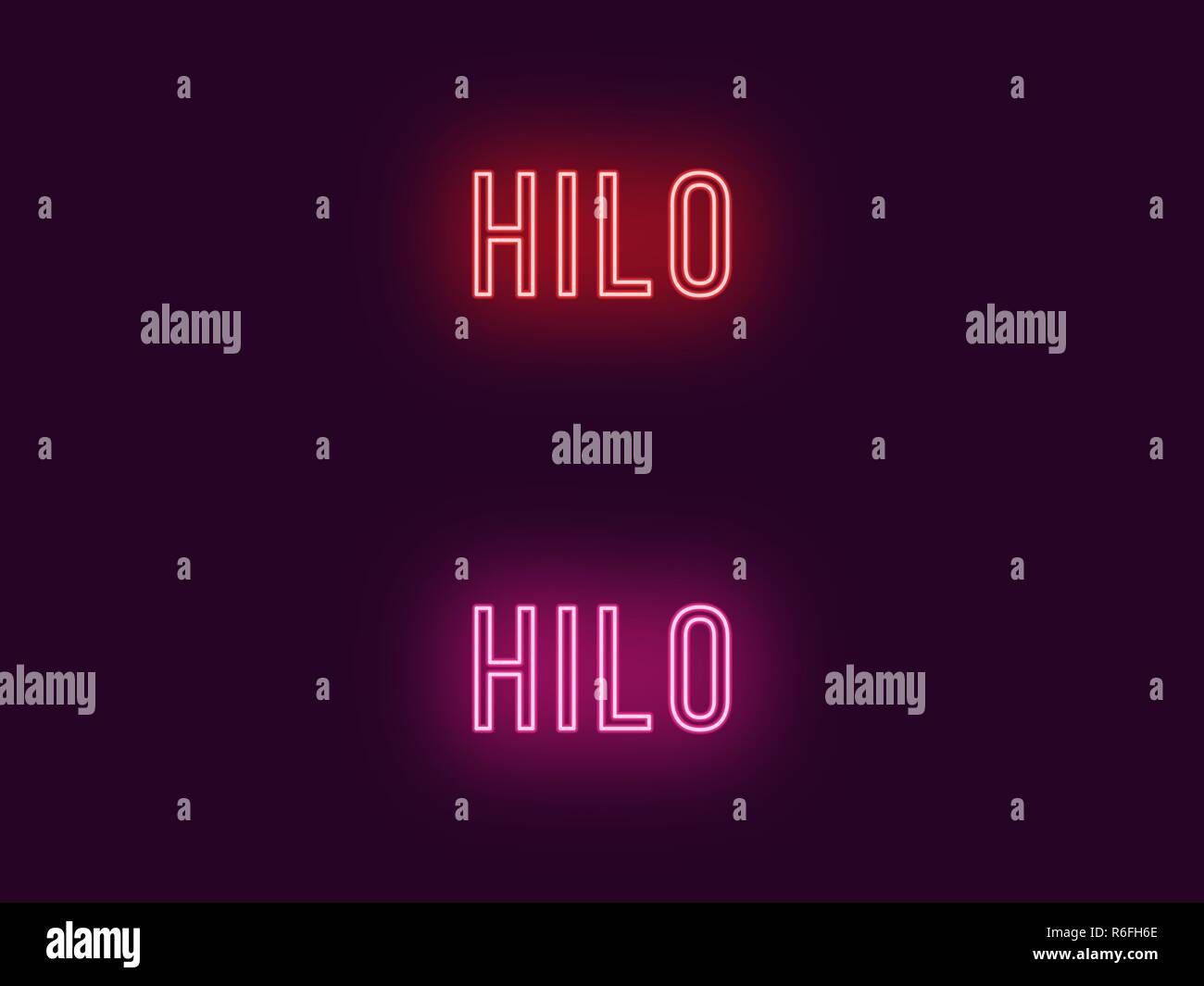 Neon name of Hilo city in Hawaii. Vector text of Hilo, Neon inscription with backlight in Thin style, red and pink colors. Isolated glowing title for  Stock Vector