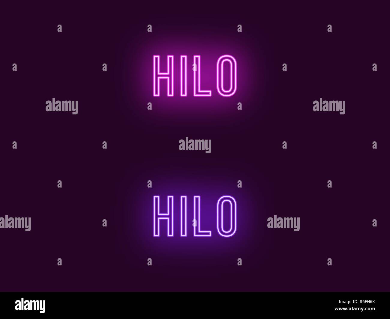 Neon name of Hilo city in Hawaii. Vector text of Hilo, Neon inscription with backlight in Thin style, purple and violet colors. Isolated glowing title Stock Vector